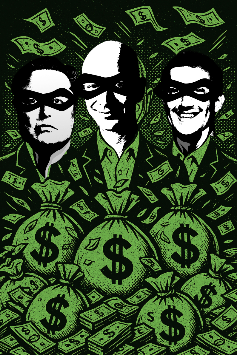 Three thieves surrounded by falling money